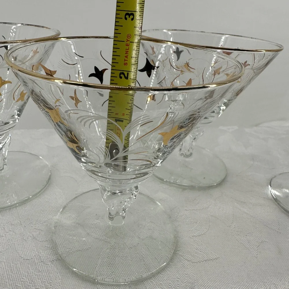 Vintage Royal Fern Martini Coupe Glasses Clear Gold Starburst Excellnt MCM Libby